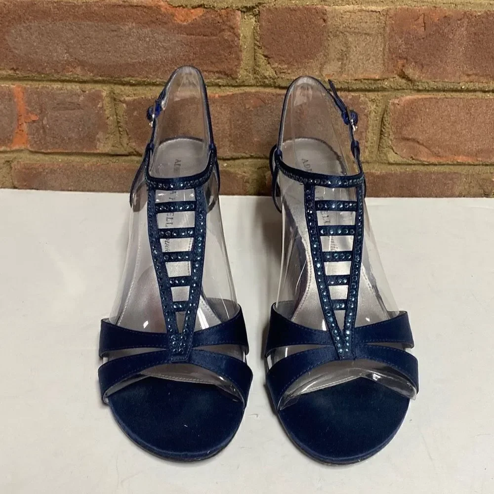 Adrianna Papell Boutique Navy Classic Satin Rhinestone Beaded Heels Size 9.5
